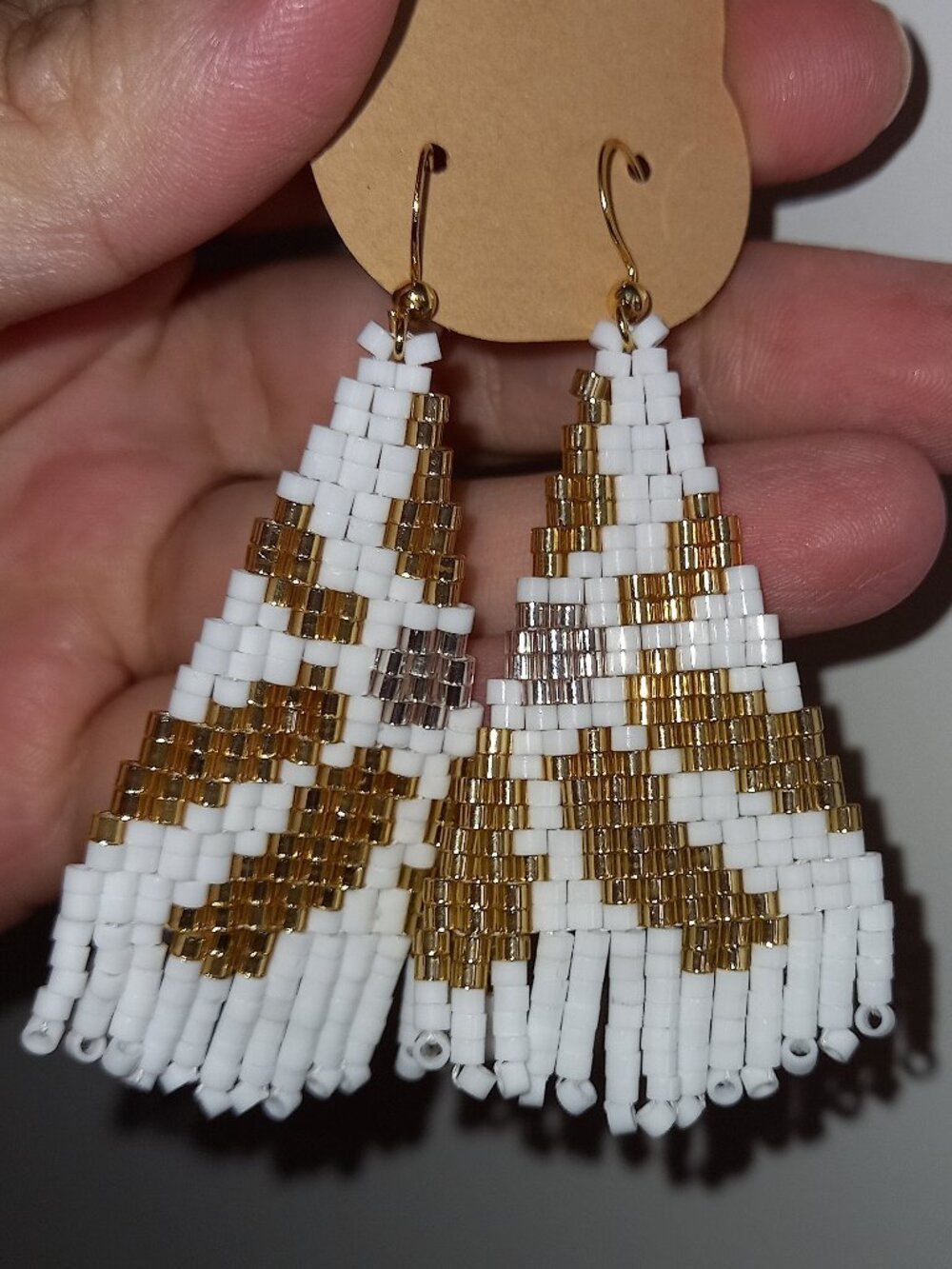 ✨ Handmade Beaded Fringe Earrings Gold White Silver Geometric ✨